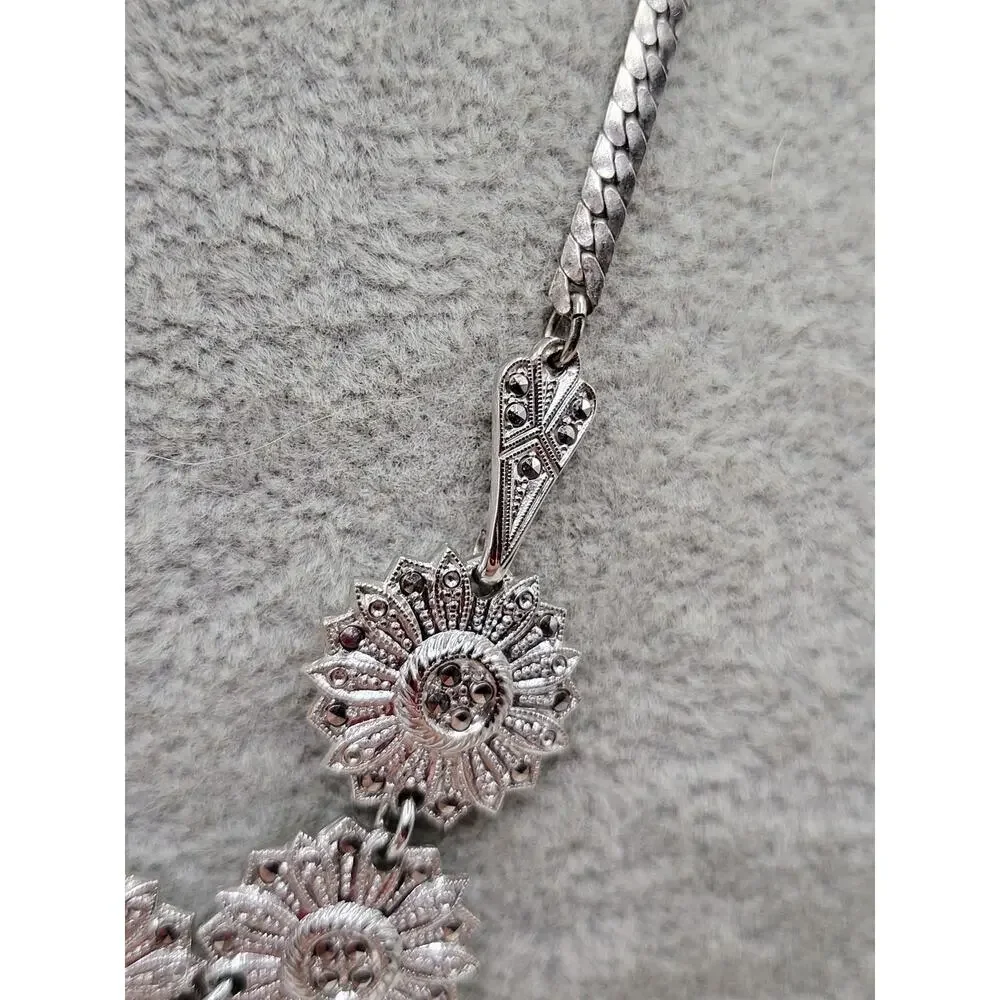 Vintage Floral Necklace Marked Sterling with Marcasite Accents 17 Inch - Picture 6 of 10
